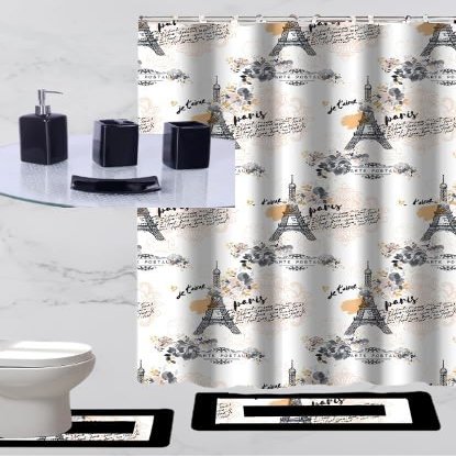 19 Piece Complete Bathroom Accessory Set with Anti-Slip Bath Rugs, Shower Curtain, and Hooks. (Paris Black)