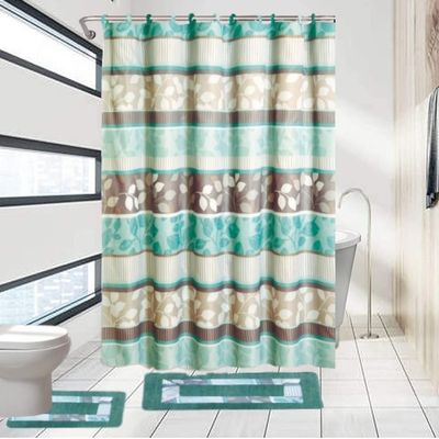 15 Pieces Bathroom Set with Anti-Slip Mats Shower Curtain and Hooks Printed Design (Zen)