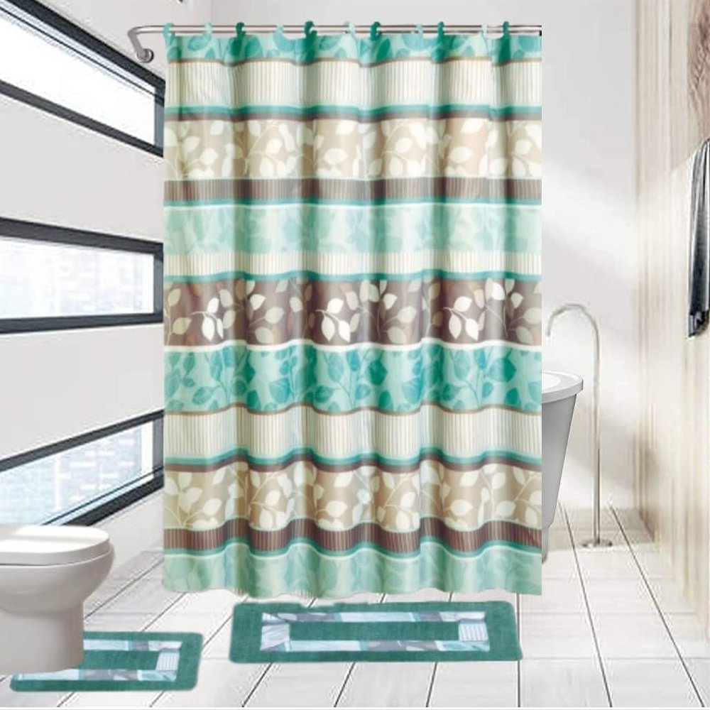 15 Pieces Bathroom Set with Anti-Slip Mats Shower Curtain and Hooks Printed Design (Zen)