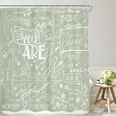 AMBZEK Sage Green Teen Shower Curtain 60Wx72L Inch Kids Funny Quotes Inspirational You are Motivational Words Abstract Artwork Cloth Fabric Waterproof Polyester Bathroom Decor Set with 12 Pack Hooks