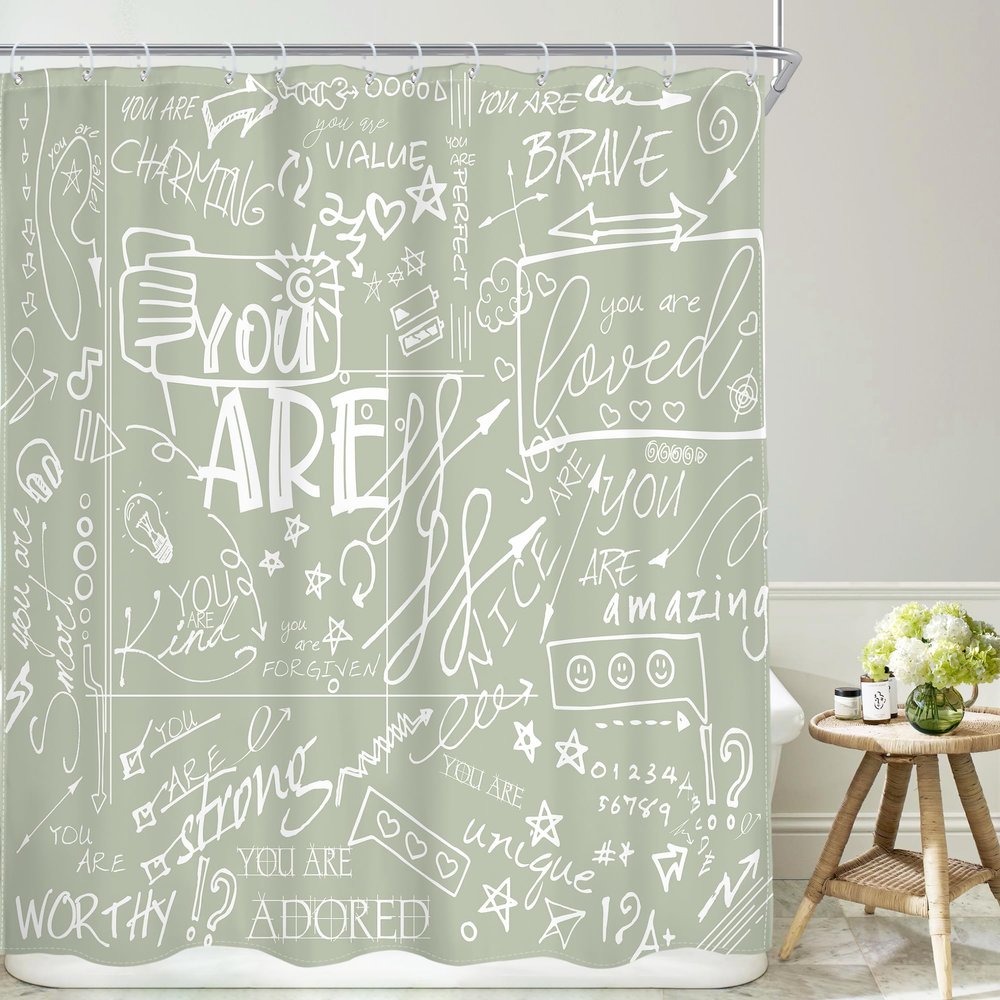 AMBZEK Sage Green Teen Shower Curtain 60Wx72L Inch Kids Funny Quotes Inspirational You are Motivational Words Abstract Artwork Cloth Fabric Waterproof Polyester Bathroom Decor Set with 12 Pack Hooks