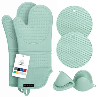 Rorecay 6pcs Oven Mitts and Pot Holders Sets Heat Resistant 500 Degrees, Extra Long Silicone Oven Gloves Non-Slip Potholders Hot Pads for Kitchen Baking Cooking, Quilted Liner, Bermuda Teal