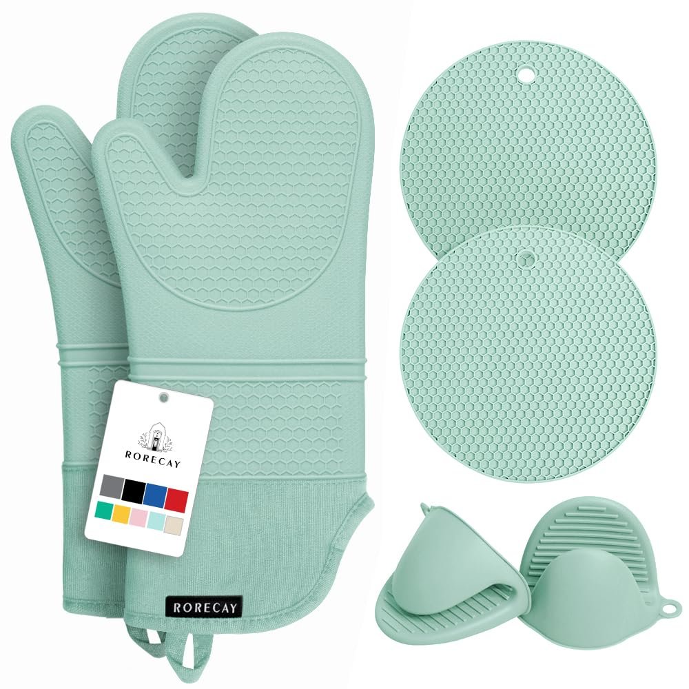 Rorecay 6pcs Oven Mitts and Pot Holders Sets Heat Resistant 500 Degrees, Extra Long Silicone Oven Gloves Non-Slip Potholders Hot Pads for Kitchen Baking Cooking, Quilted Liner, Bermuda Teal