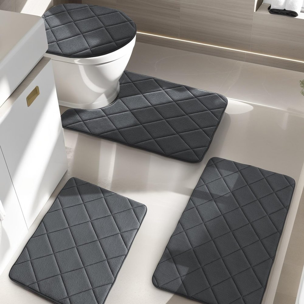 YIHOUSE Non-Slip Memory Foam Bathroom Rug - Machine Wash, Water-absorbent Set for Toilet and Floor - Dark Grey
