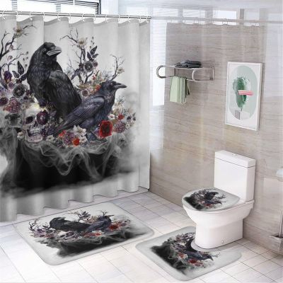Minimalist Vintage Gothic Raven 4 Pcs Waterproof Shower Curtain Set,Rustic Spring Misty Forest Wildlife Floral Tree Skull with Waterproof Toilet Cover Shower Mat Rugs