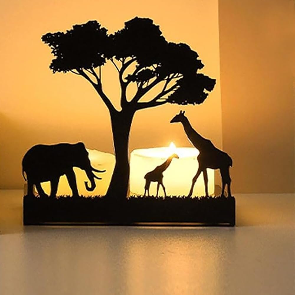 Black Metal Animal Candle Holder,Elephant and Giraffe in The Forest Silhouette Decor,Wedding Holiday Party Metal Candle Holder for Table (Elephant and Giraffe Style)