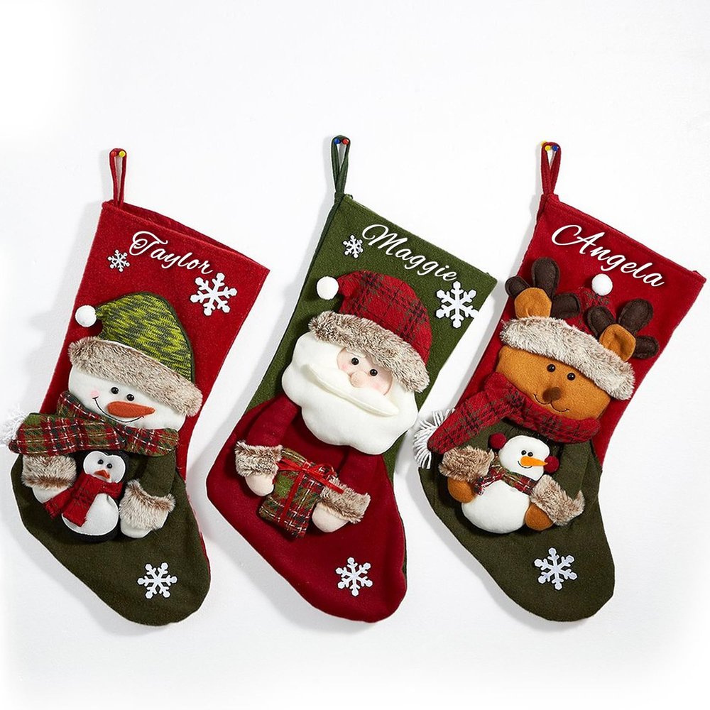 Dipopizt Personalized Dimensional Doll Christmas Stockings with Name, Custom Xmas Stockings with Santa, Snowman, Elk for Fireplace Hanging Decor, Family, Kids, Holiday 5PCS