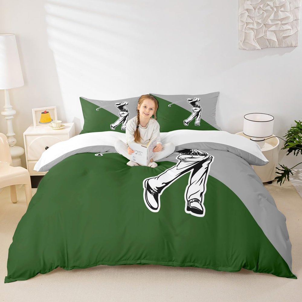 Golf Kids Duvet Cover Set Full Size,Ball Sports Games Modern Fashion Bedding Set,Boys Girls Adults Room Decor,Geometric Patchwork Chic Comforter Cover,Grey Green Unique Quilt Cover,2 Pillowcases