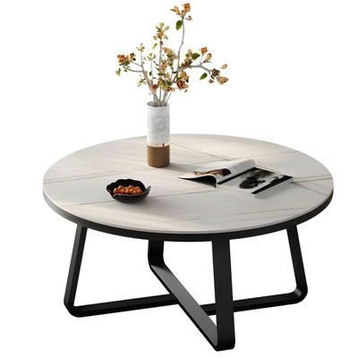 CraftThink Coffee Table, Round Stone Modern Sofa Table with Scratch-Resistant Top & Steel Frame for Living Room Center -White/Gold Black 27.5" L x 27.5" W x 18" H