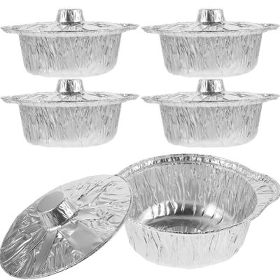 5 Sets Aluminum Round Foil Pans with Lid 1800ml Baking Foil Pan Tinfoil Camping Pot Food Grade Cookware for Roasting Meal Prep Reheating Oil-Proof Oven Safe