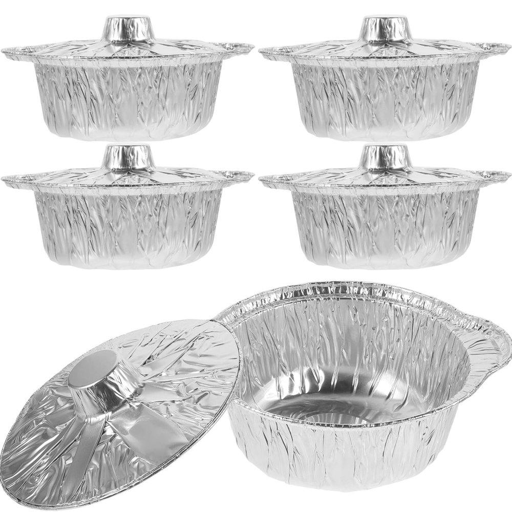 5 Sets Aluminum Round Foil Pans with Lid 1800ml Baking Foil Pan Tinfoil Camping Pot Food Grade Cookware for Roasting Meal Prep Reheating Oil-Proof Oven Safe