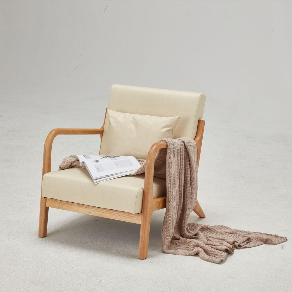Clihome Mid-Century Modern Accent Chair with Wood Frame Upholstered Living Room Chairs with Pillow Lounge Armchair for Living Room Bedroom,(Beige)