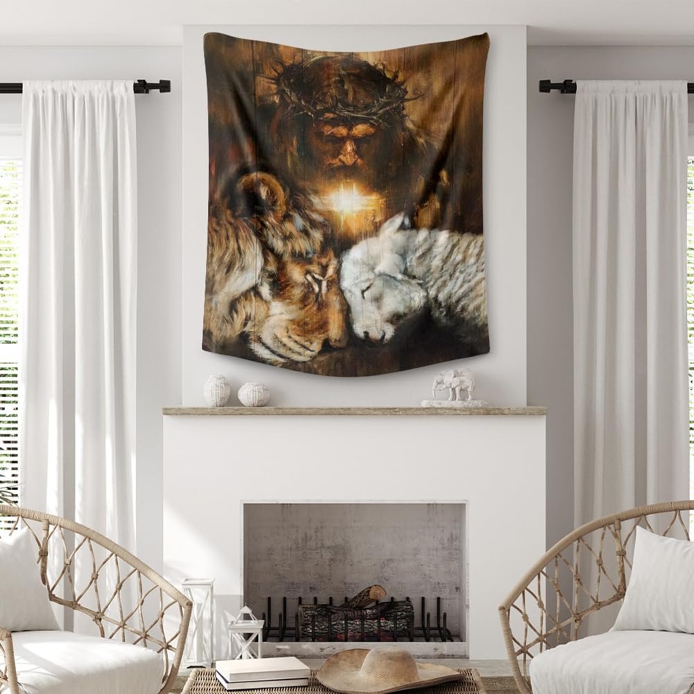 Fchen art Christian Tapestry Wall Hanging - Jesus & Lamb Religious Decor, Lion of Judah Spiritual Art, Polyester Fabric 80x90 Inch Bedroom Living Room Aesthetic Wall Decor