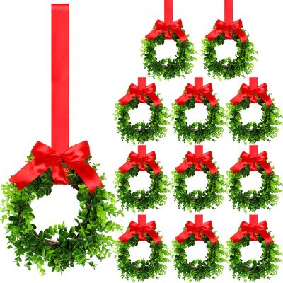 Jexine 12 Pcs Mini Christmas Wreath for Kitchen Cabinet Christmas Small Wreath with Red Bow Ribbon for Window Front Door Chair Wall Fireplace Xmas Artificial Greenery Decoration
