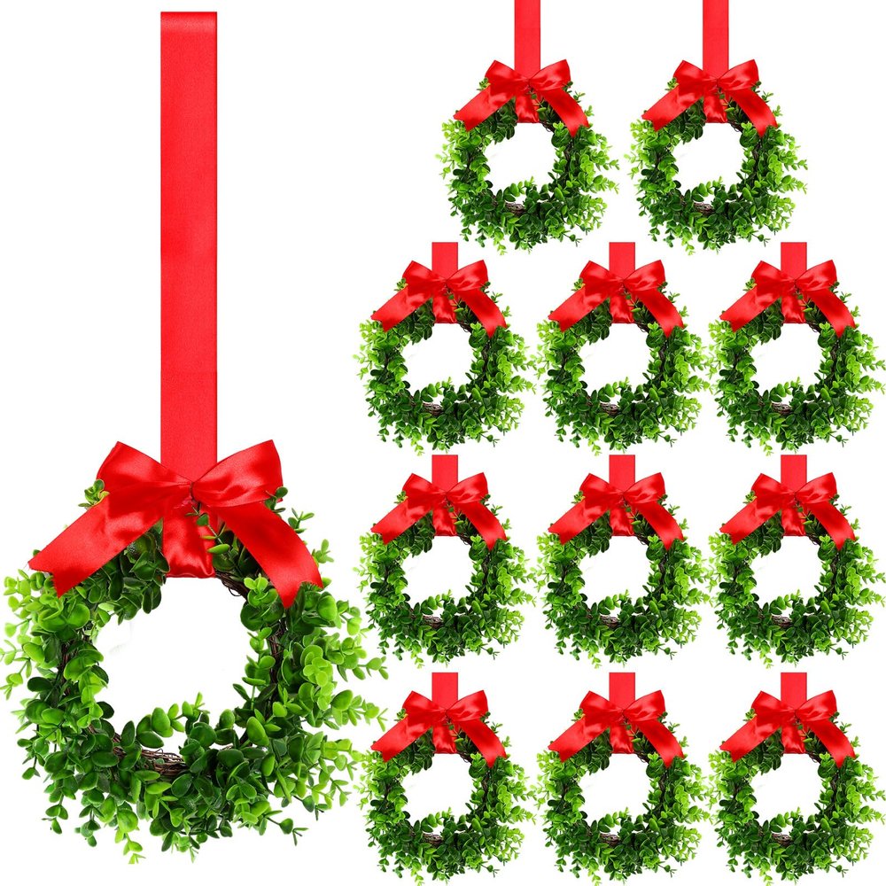Jexine 12 Pcs Mini Christmas Wreath for Kitchen Cabinet Christmas Small Wreath with Red Bow Ribbon for Window Front Door Chair Wall Fireplace Xmas Artificial Greenery Decoration