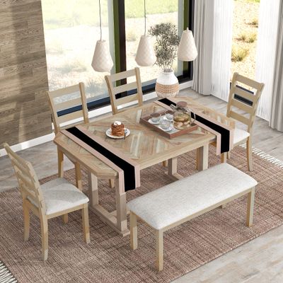 Bellemave 6 Piece Dining Table Set for 6 with Bench Farmhouse Kitchen Table and Upholstered Chairs & Bench Wood Rectangular Dinner Table Set of 6 for Dining Room, Natural Wood Wash