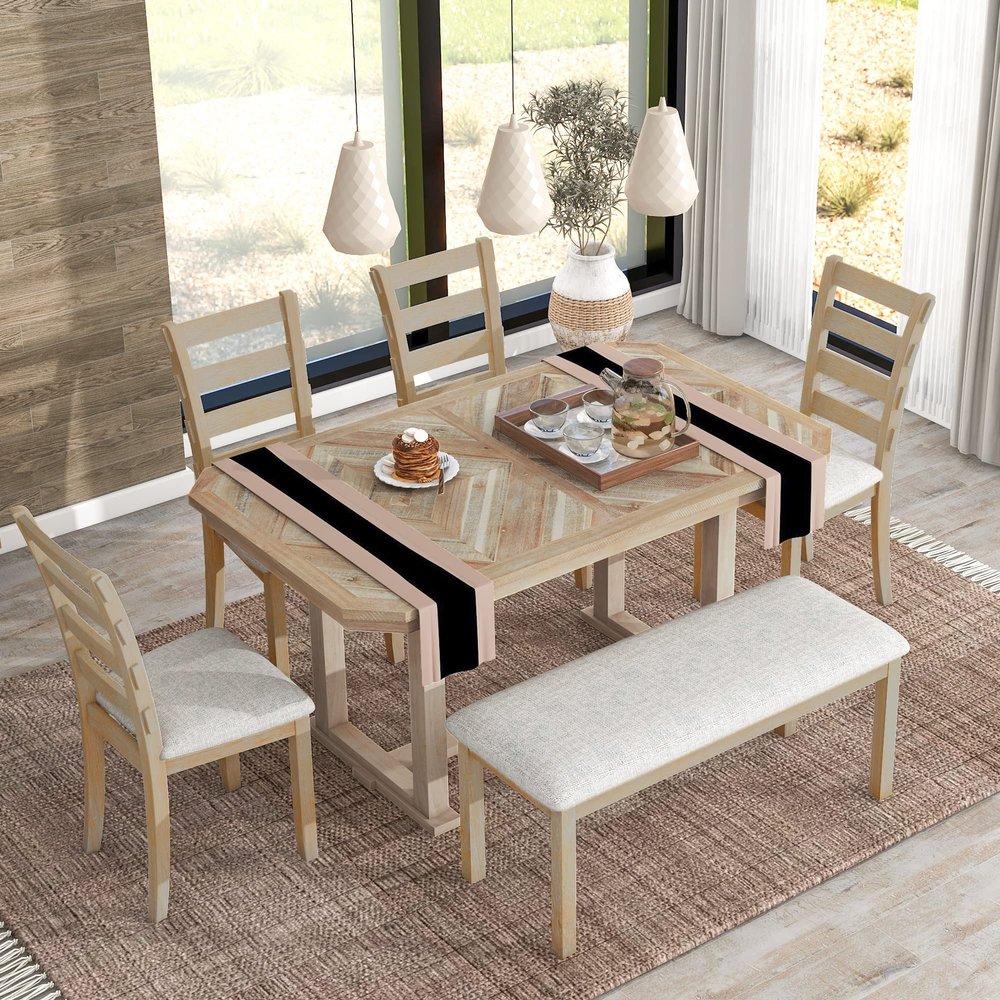 Bellemave 6 Piece Dining Table Set for 6 with Bench Farmhouse Kitchen Table and Upholstered Chairs & Bench Wood Rectangular Dinner Table Set of 6 for Dining Room, Natural Wood Wash