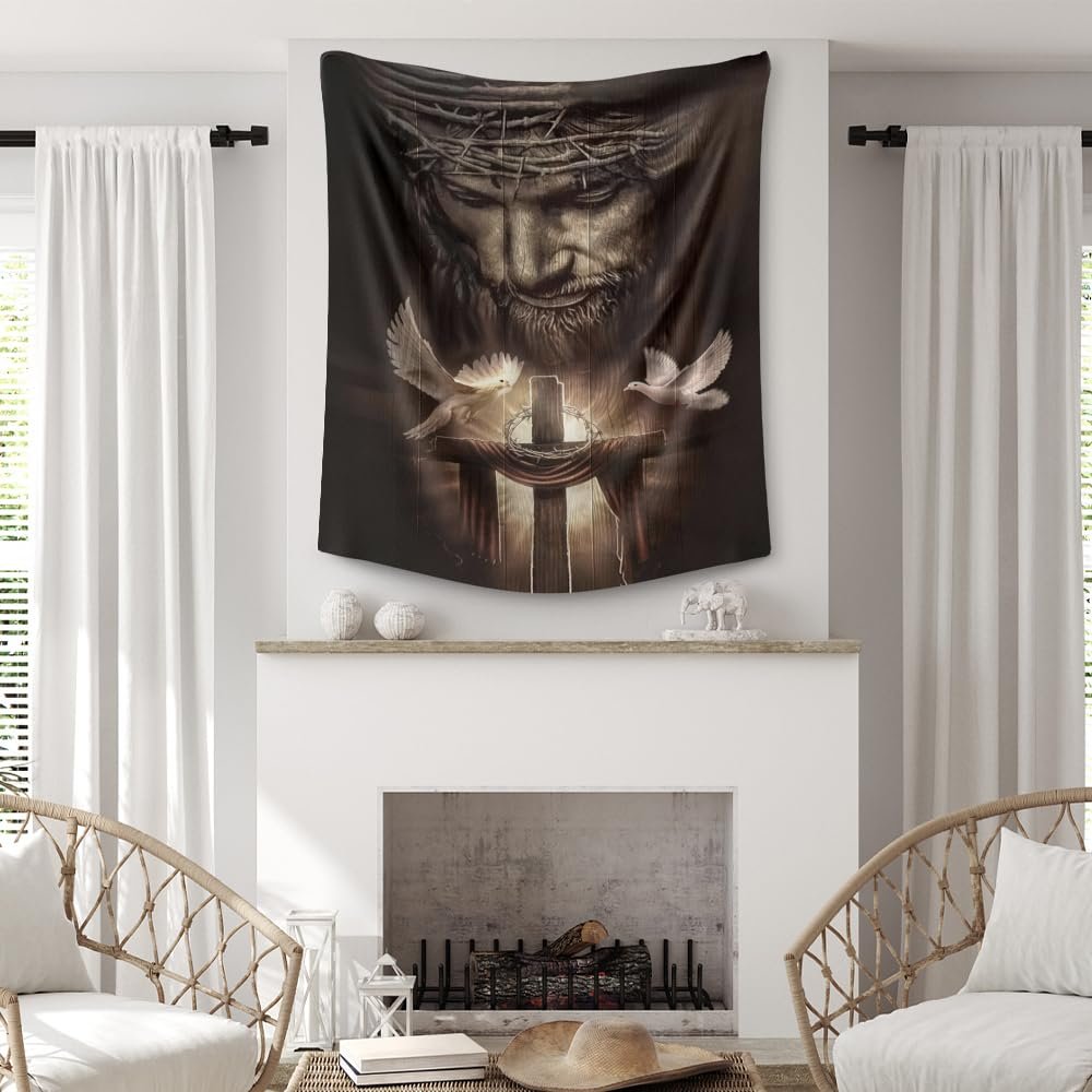 Orlco Art Christian Wall Tapestry - Jesus Cross Dove of Peace Religious Home Decor, Prayer Truth Life Polyester Fabric Hanging 60x80 Inch