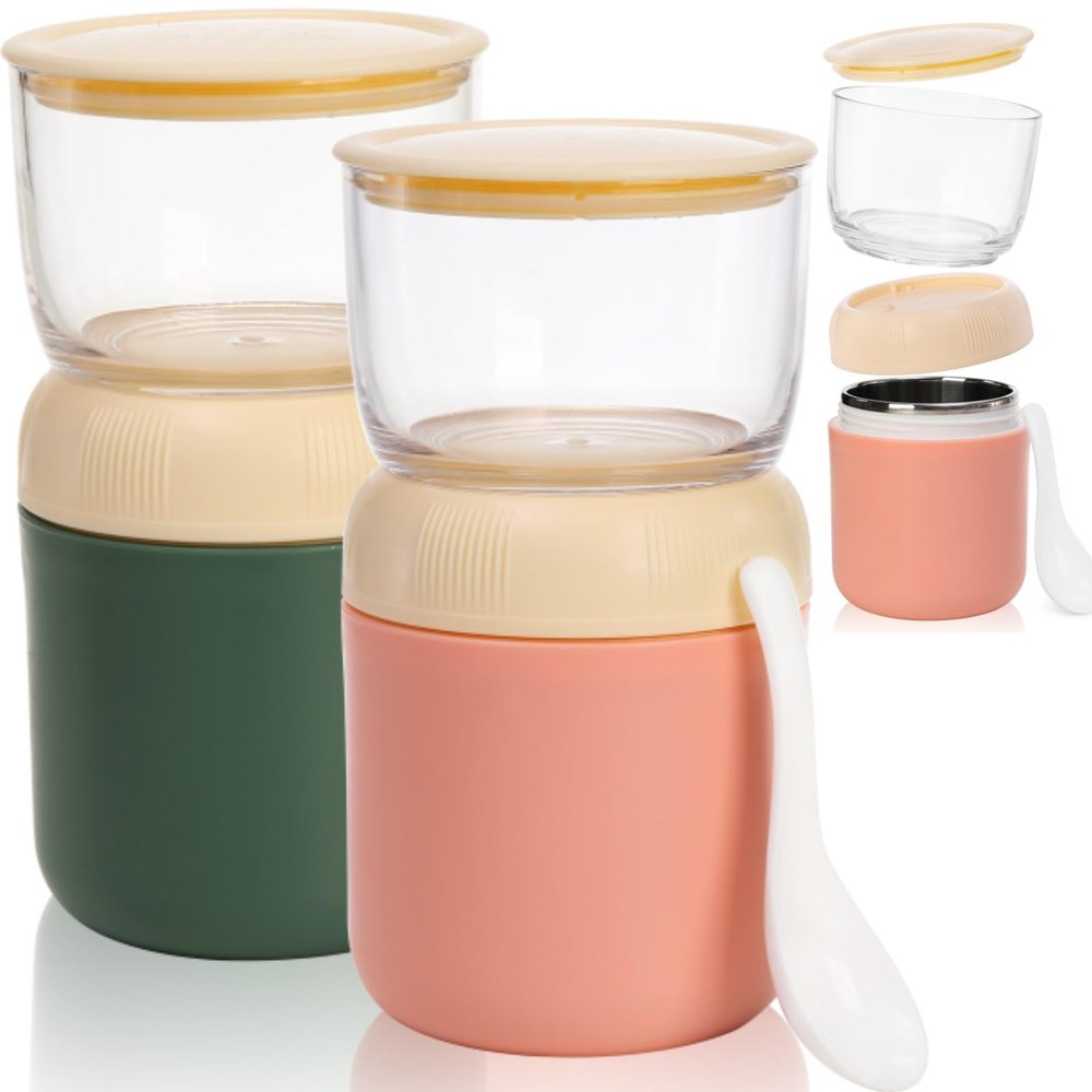 Eorbow 2 Pack Insulated Yogurt Container, 24oz Breakfast On the Go Cup with Plastic Topping Cereal Oatmeal Cup, 2-in-1 Food Storage Jar with Lid and Spoon, Overnight Oats Container for Soup Lunch