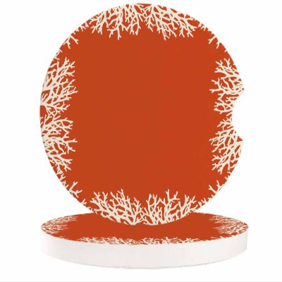 Car Coasters for Cup Holders 2.6" Dia Strong Absorbent Car Interior Accessories for Women Men, Art Coral Texture Orange Ceramic Car Coaster with Finger Grooves (2-Piece Set)