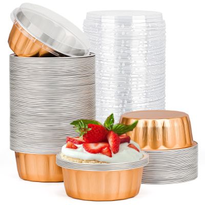 Beasea Disposable Ramekins 8oz, 100 Pack Rose Gold Aluminum Foil Cups with Lids, Disposable Creme Brulee Muffin Cupcake Baking Cup Mini Pudding Cups for Party Wedding Birthday