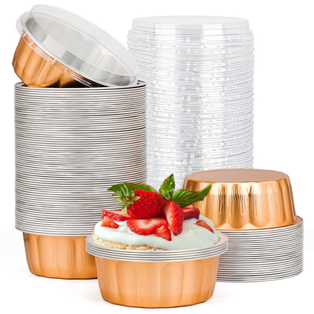 Beasea Disposable Ramekins 8oz, 100 Pack Rose Gold Aluminum Foil Cups with Lids, Disposable Creme Brulee Muffin Cupcake Baking Cup Mini Pudding Cups for Party Wedding Birthday