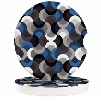 Car Coasters for Cup Holders 2.6" Dia Strong Absorbent Car Interior Accessories for Women Men, Middle Age Art Abstract Geometric Fan Pattern Blue Ceramic Car Coaster with Finger Grooves (2-Piece Set)