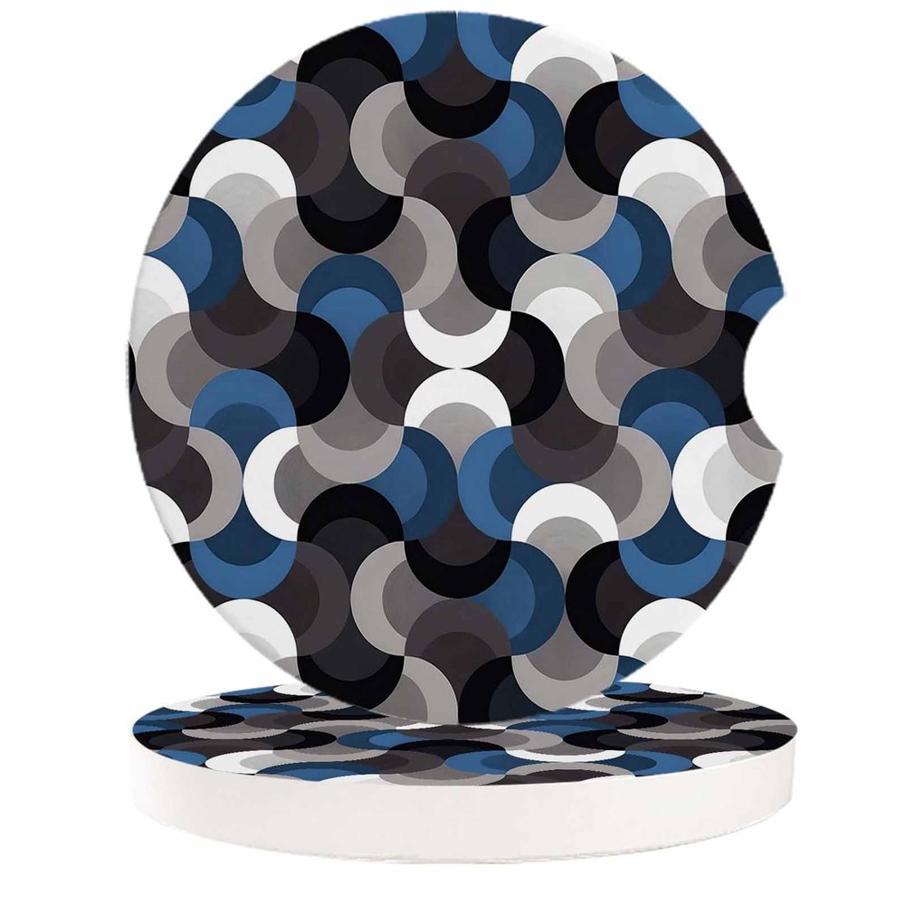 Car Coasters for Cup Holders 2.6" Dia Strong Absorbent Car Interior Accessories for Women Men, Middle Age Art Abstract Geometric Fan Pattern Blue Ceramic Car Coaster with Finger Grooves (2-Piece Set)