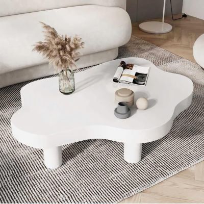Cloud Coffee Table, Modern Geometric Irregular Wooden Cocktail Table Center Table with 3 Legs, Round Corner Thicken End Table for Small Space Bedroom Living Room Furniture, Easy Assemble,White,39.4"Lx