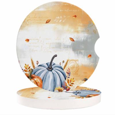 Car Coasters for Cup Holders 2.6" Dia Strong Absorbent Car Interior Accessories for Women Men, Watercolor Autumn Pumpkins Ceramic Car Coaster with Finger Grooves (2-Piece Set)