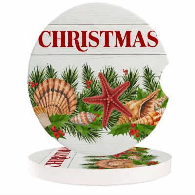 Car Coasters for Cup Holders 2.6" Dia Strong Absorbent Car Interior Accessories for Women Men, Vintage Wood Grain Christmas Pine and Seashells Ceramic Car Coaster with Finger Grooves (2-Piece Set)