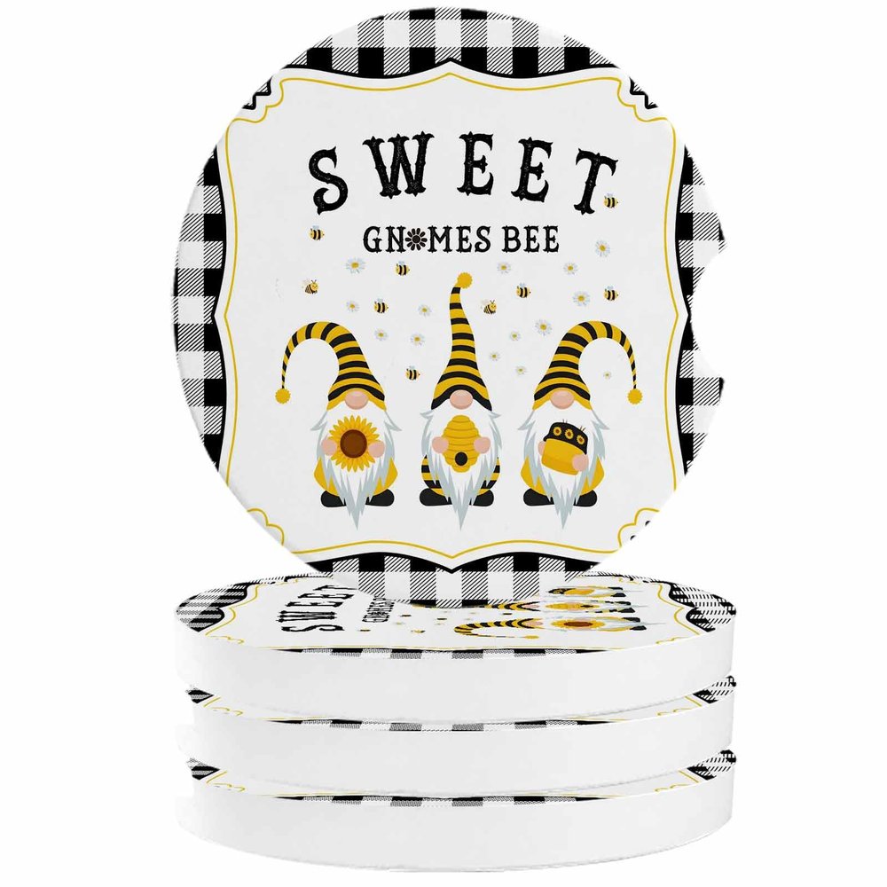 Car Coasters for Cup Holders 2.6" Dia Strong Absorbent Car Interior Accessories for Women Men, Cute Gnomes Bees Black White Buffalo Check Plaid Ceramic Car Coaster with Finger Grooves (4-Piece Set)