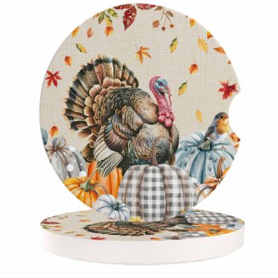 Car Coasters for Cup Holders 2.6" Dia Strong Absorbent Car Interior Accessories for Women Men, Thanksgiving Pumpkin Turkey with Vintage Linen Bottom Ceramic Car Coaster with Finger Grooves (2 PCS)