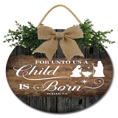 Sokomurg Christmas Ornament Door Hanger Nativity Ornaments for Unto Us A Child Is Born Front Door Sign Christmas Decor Wooden Wreath Hanging Sign for Front Door Porch 11"