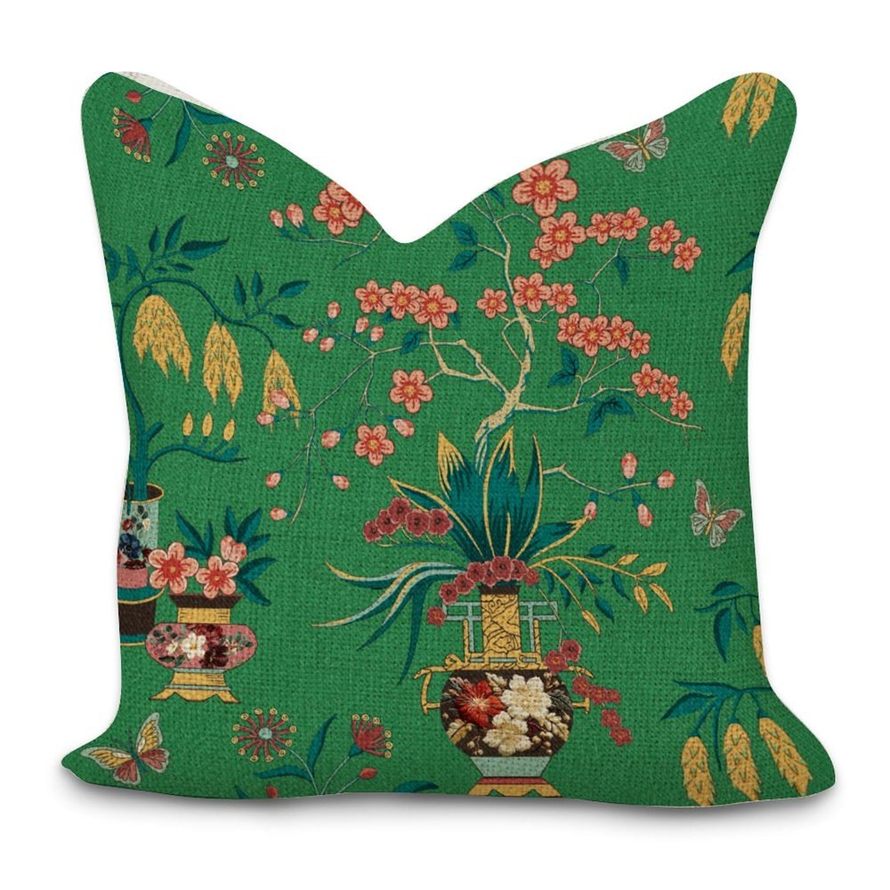 Ming Vase Green Chinoiserie Cushion Cover Cases with Zipper 16x16in Farmhouse Cotton Linen Square Accent Throw Pillow Cases for Living Room Bed Couch Sofa Chair Home Dcor Housewarming Gifts