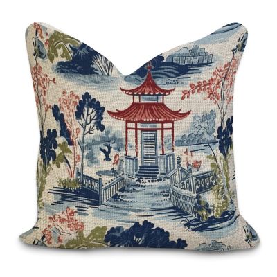 Cheyan White Coral Navy Blue Asian Chinoiserie Pagoda Decorative Pillow Covers 22x22in Chinoiserie Asian Pillowcase Farmhouse Throw Cushion Cover Cases for Couch Sofa Bed Living Room Home Decoration