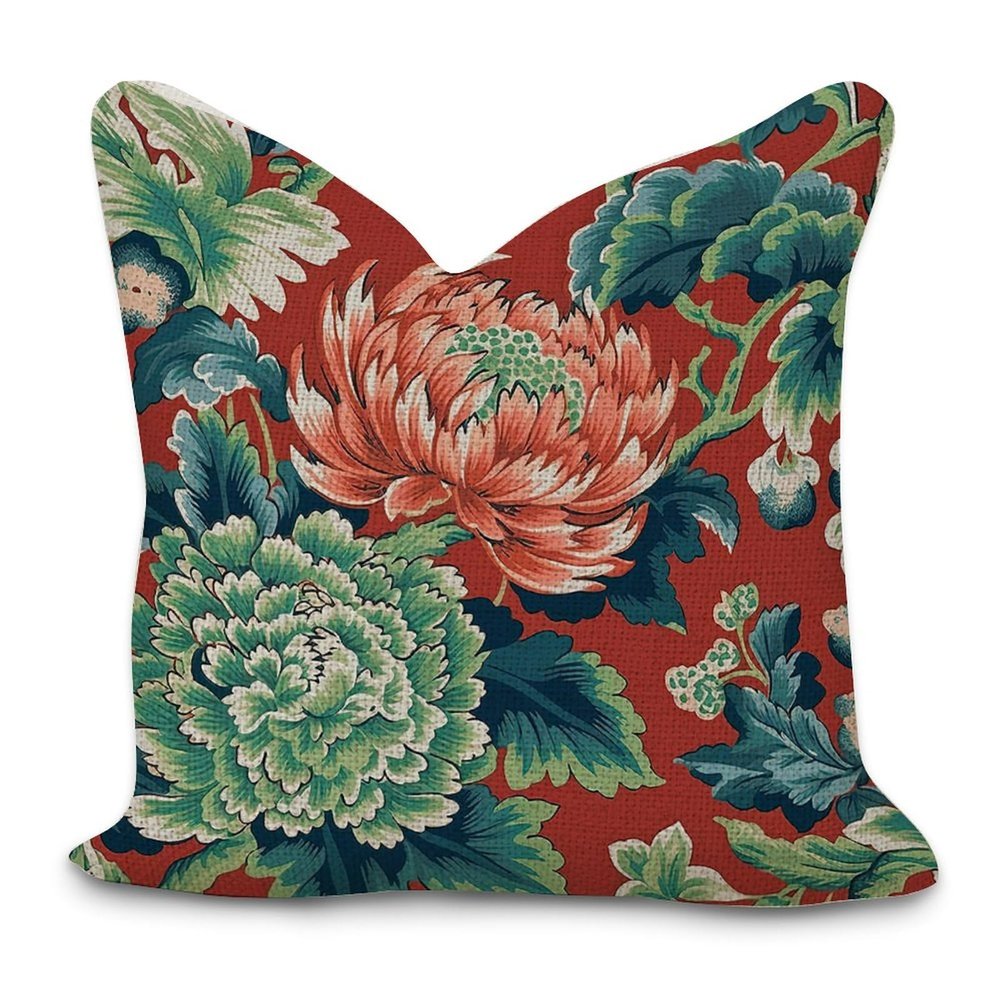 Chinoiserie Red Peony Floral Decorative Throw Pillow Covers 18x18in Zipped Farmhouse Square Accent Pillowcase Cushion Cover Case for Bedroom Sofa Couch Coffee Bar Club Pub Home Decor