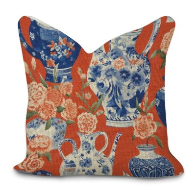 Farmhouse Throw Pillow Cover with Zipper Orange Red Chinoiserie Floral Blue and White Porcelain Vase Pillow Cases Cushion Cover for Office Living Room Bedroom Car Chair Home Decorations 16x16in