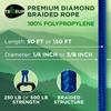 TECEUM Rope  90 Feet x 3/8 Inch (10mm)  Blue  Strong All-Purpose Utility Rope  Camping, Crafting, Flag Pole, Indoor & Outdoor  Polypropylene Nylon Poly Lightweight Diamond Braided Cord view 2