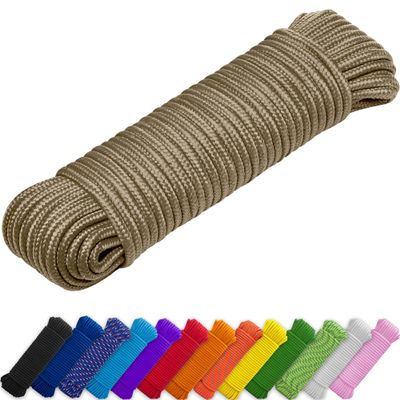 TECEUM Rope  90 Feet x 3/8 Inch (10mm)  Coyote Brown  Strong All-Purpose Utility Rope  Camping, Crafting, Flag Pole, Indoor & Outdoor  Polypropylene Nylon Poly Lightweight Diamond Braided Cord