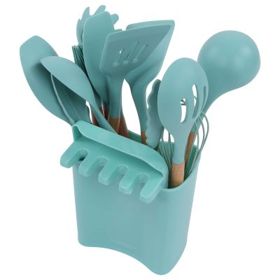 13Pcs Silicone Kitchenware Wooden Handle Stick Spa Spoon Cooking Utensils Set With Holder For Homelight Green 13Pcs Silicone Kitchenware Wooden (Dark Green)