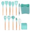 13Pcs Silicone Kitchenware Wooden Handle Stick Spa Spoon Cooking Utensils Set With Holder For Homelight Green 13Pcs Silicone Kitchenware Wooden (Dark Green) view 4