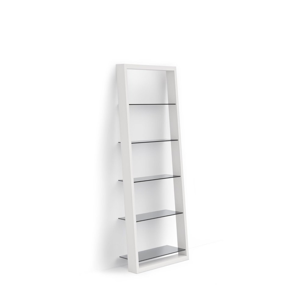 BDI Furniture Eileen 5166-74" x 34.25'' Leaning Shelf for Living Room, Family Room or Office with 5 Polished Tempered Glass Shelves, Satin White