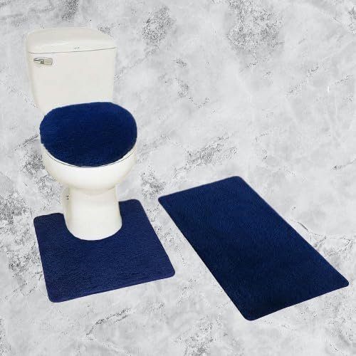 3 Piece Chenille Bath Rug Set Non Slip Medium Rug Countour Rug and Toilet Lid Cover #6 (Navy Blue)