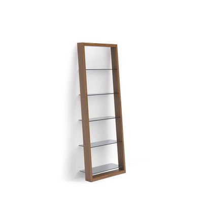 BDI Furniture Eileen 5166-74" x 34.25'' Leaning Shelf for Living Room, Family Room or Office with 5 Polished Tempered Glass Shelves, Natural Walnut
