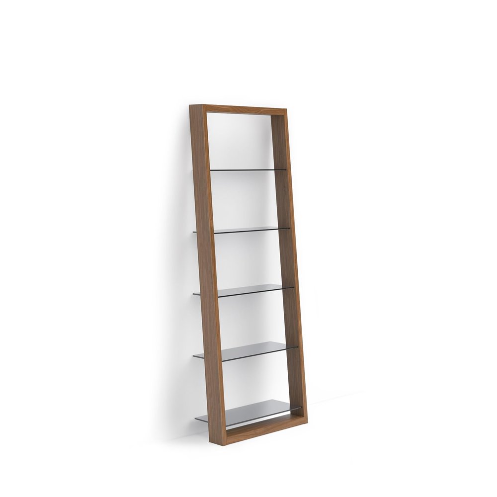 BDI Furniture Eileen 5166-74" x 34.25'' Leaning Shelf for Living Room, Family Room or Office with 5 Polished Tempered Glass Shelves, Natural Walnut