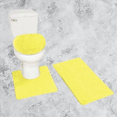 3 Piece Chenille Bath Rug Set Non Slip Medium Rug Countour Rug and Toilet Lid Cover #6 (Yellow)