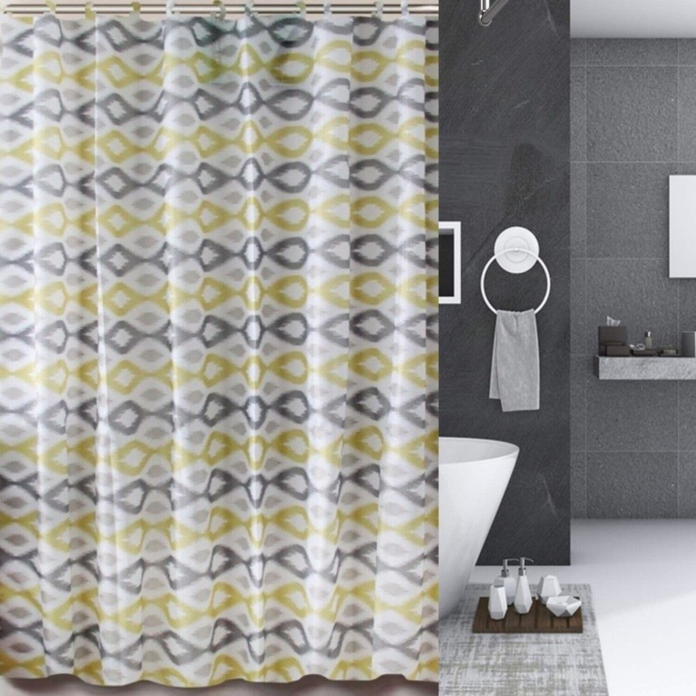 13-Piece Bathroom Shower Curtain with Matching Hooks Printed Design (Kenia Yellow)