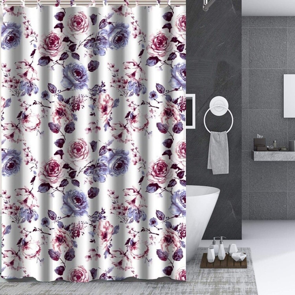 13-Piece Bathroom Shower Curtain with Matching Hooks Printed Design (Peoney Purple)