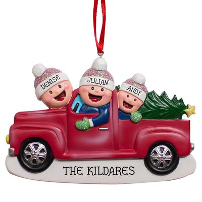 Red Farm Truck Personalized Christmas Ornament, Family Ornament for Christmas Tree, Custom Ornament, 3 Heads